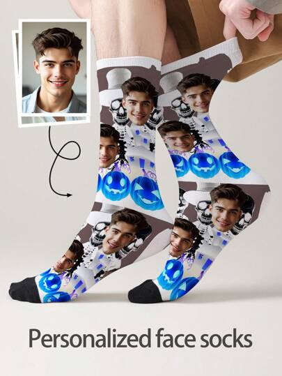 1 Pair Of Customized Face Men's Mid Tube Socks, Put Any Face On Socks, Personalized Socks For With Photos, Interesting Customized Picture Pairs With Medium To Long Socks, Suitable For Valentine's Day, Birthdays, Gift Giving, Halloweenand Other Occasions,Personalized