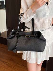 FEISTURE 1 件黑色牛仔布手提包，带肩带装饰，大容量单肩包，带磁扣，适合女孩、女士、大学生、办公室职员和专业人士，非常适合工作、商务、通勤和上学 - 黑色 - 查看 7