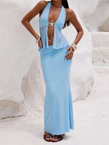 Y2k Ruffle Long Skirt Sets For Women 2 Piece Outfits Summer Ruched Backless Cami Top Matching Boho Maxi Skirt Set - 藍色 - 查看 2