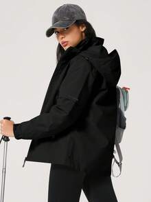 NcmRyu 1pc Women's Solid Color Hidden Pocket Windbreaker Long Sleeve Ski Jacket With Hood - Black - View 3