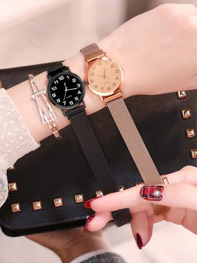 1pc Women's Quartz Watch With Adjustable Magnetic Strap That Fits Any Wrist Circumference. Shop With No Worries. The Metal Mesh Watch Strap Doesn't Cause Sweating, Providing A Refreshing Wearing Experience. It's Perfect For Summer And Can Be Given As A Gift To Family And Friends.