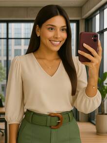 Women's Crepe Duna Blouse With 3/4 Puff Sleeve Plus Size And Slim - 米色 - 查看 4