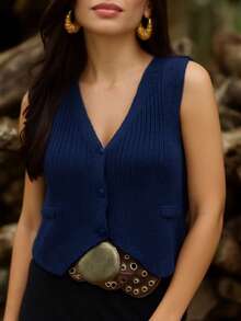 Women Elegant Knit Vest Fang Fashion For Women Simple Casual Knitwear Daily Holiday Fake Pockets Button - 藏蓝色 - 查看 2
