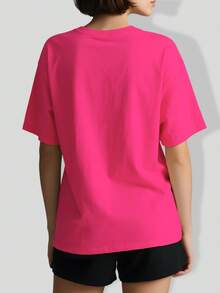 Camiseta de cuello redondo y manga corta en color liso, Camisas casuales de mujer - Rosa Fucsia - Ver 2