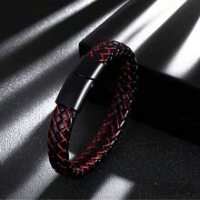 经典简约男士皮革手链，朋克皮革腕带，钛钢编织皮绳