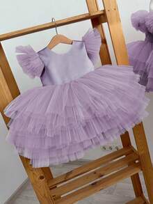 Baby Girl Bowknot Flutter Sleeve Light Purple Elegant Princess Dress, Suitable For Baby Girl's Birthday, Wedding, Party, Holiday Celebration, Formal Occasion Dress - 紫色 - 查看 3