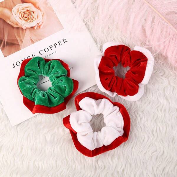 3pcs Plush Christmas Scrunchie, Minimalist Fabric Mini Hair Accessories Cute Headbands