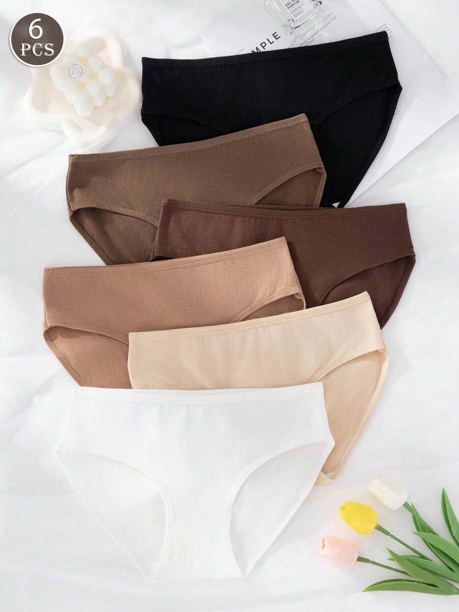 6 条女士纯色休闲舒适简约针织面料内裤，棉质轻薄睡衣低腰低腰 - 彩色 - 查看 1