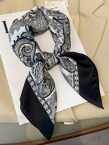 1PC 时尚印花方形围巾女士缎面头巾头带女士度假防晒披肩女头带 - 青色腰果2 - 查看 9