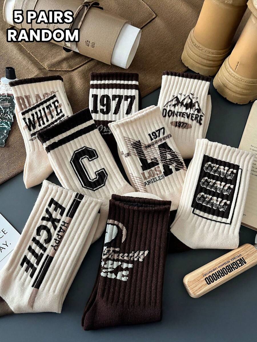 5 Pairs Random Style Letter & Number Print Men's Crew Socks, Fashionable & Unique Sports Crew Socks, Autumn Socks