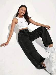 Teen Girl Versatile Casual Fashion Loose Fit Jeans - Black - View 2