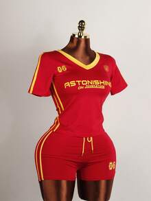 夏季运动风女装两件套，字母印花V领短袖露脐上衣+配套抽绳短裤，休闲运动套装 - 紅色 - 查看 2