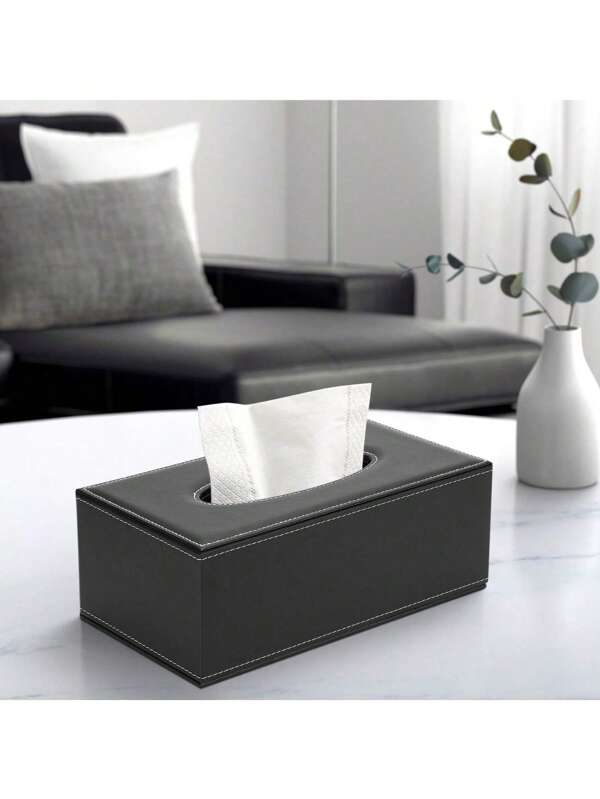 High End Fashion PU Leather Tissue Box Holder, Black With Lid, Rectangular Napkin Paper Tissue Holder Dispenser, Home Office Car Tissue Box Cover Decoration Container With Magnetic Bottom (Black)