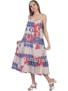 SheKaf - Vestido largo de verano para mujer, casual, suelto, sin mangas, tirantes delgados, con bolsillos - Azul Rojo Patchwork Sp014 - Ver 2