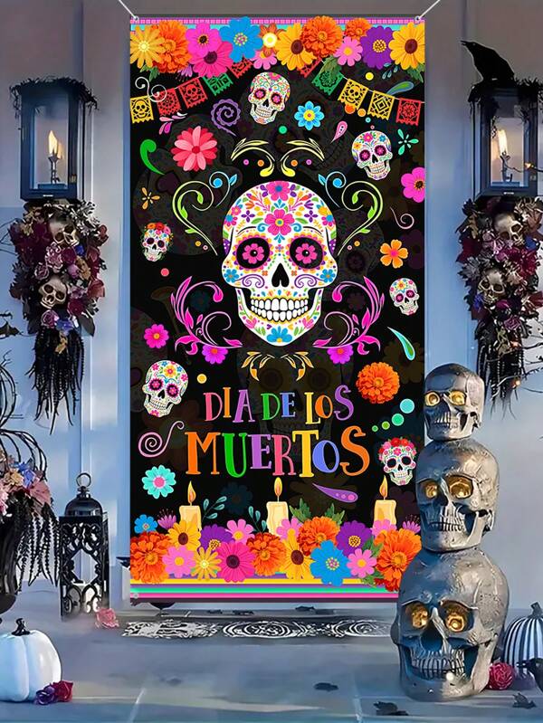 Pancarta plana 2D, 1 pieza, 70,87 x 35,43 pulgadas, Bandera decorativa del Día de Muertos mexicano, calavera colorida y bandera floral para decoración interior y exterior, ideal para porche, patio, garaje y decoración del hogar