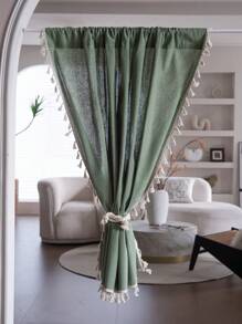 1 Pieza Cortina verde, estilo simple y fresco, disponible en múltiples tamaños, diseño con flecos, adecuada para ventana de dormitorio, sala de estar, cortina transparente semitransparente, divisor de habitación, cortina corta para ventana de cocina