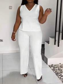 Oversized Solid Color Sleeveless Tank Top + High-Waisted Draping Wide-Leg Pants Set, Conceals Flesh And Shows Slimming Effect, Ice Silk Cool Sensation, Suitable For Summer Commuting And Leisure. - White - View 2