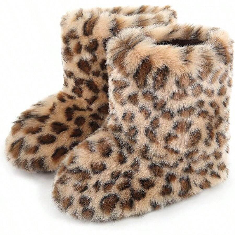 Women's Faux Fur Boots Furry Snow Boots Fuzzy Winter Shoes Fluffy Mid-Calf Flat Boots-20256688 - Brown Leopard - 查看 1