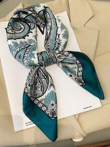 1PC 时尚印花方形围巾女士缎面头巾头带女士度假防晒披肩女头带 - 青色腰果2 - 查看 8