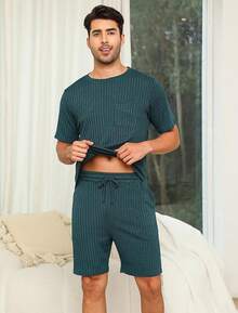 Matching Pajamas For Couples Ribbed Knit Lounge Set Soft Short Sleeve 2 Pieces Sleepwear S-XXLhalloween - 深藍色 - 查看 4