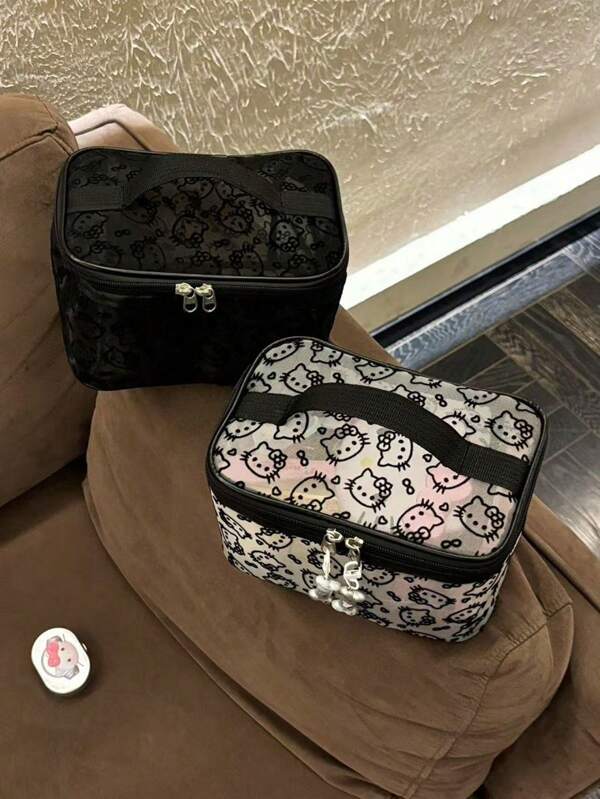 Sanrio 1pc Kitty Print Large Capacity Netted Flocked Makeup Bag, Handheld Portable Toiletry Bag