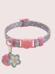 1pc Polyester Flower Print Pet Collar With Cherry Blossom Charm And Bell, Quick Release Buckle, Adjustable Size Suitable For Cats And Small Dogs, Seasonal Use