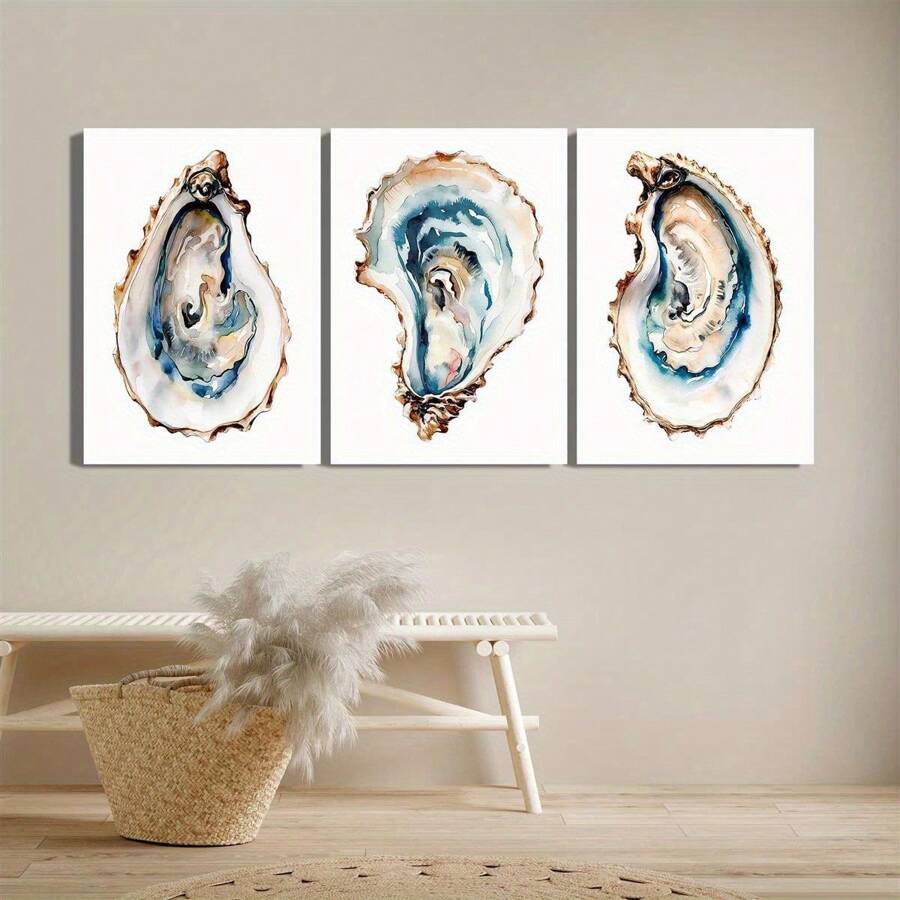 3 件套海岸牡蛎壳帆布艺术套装 - 现代水彩画，蓝色和棕色色调，适用于海滩别墅、厨房、客厅装饰 - 多功能室内/室外墙壁艺术、海洋主题装饰，无框架
