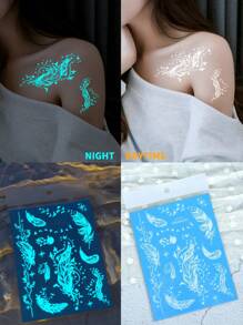 1 Arkusz Duży Rozmiar Niebieski Świecący I Biały Tusz Świecący W Ciemności Oryginalność Body Art Tymczasowe Naklejki Tatuażowe, Brokat Latający Ptak Gwiaździste Niebo Pióra Wzór, Wodoodporny Fałszywy Tatuaż, Trwałość 2-5 Dni, Zakrywający Blizny, Może Być Używany Na Ramionach Nadgarstkach Nogach Talii Szyi Dłoni Klatce Piersiowej Udach Palcach, Prezent Niespodzianka Na Imprezę Urodzinową