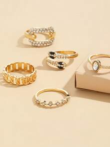 5 件复古水钻蛇形戒指套装，优雅的节日风格，独特的礼物，适合日常佩戴、节日、旅行、沙滩装，是送给女性、妻子、女朋友、圣诞节、情人节、母亲节、新年珠宝的完美礼物 | 优雅配饰