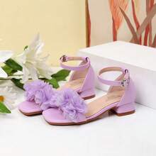 Summer Square Toe Square Heel Floral Decor Sandals, Girls High Heel Dance Shoes, Student Performance & Daily Activity Sandals - Purple - View 9