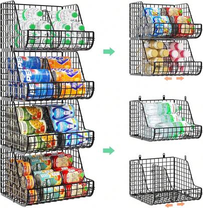 Organizador apilable para latas de refresco que almacena hasta 72 latas, paquete de 4 organizadores de almacenamiento de latas para estantes de despensa, soportes para latas de 4 niveles con 4 divisores ajustables, organizador de bebidas de alambre para estantes de gabinete de despensa