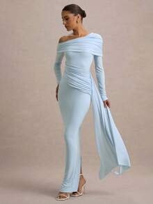 Vestido maxi ajustado con escote en V, manga larga, hombro asimétrico, volantes en el bajo, de color azul , para fiesta, Halloween o Navidad