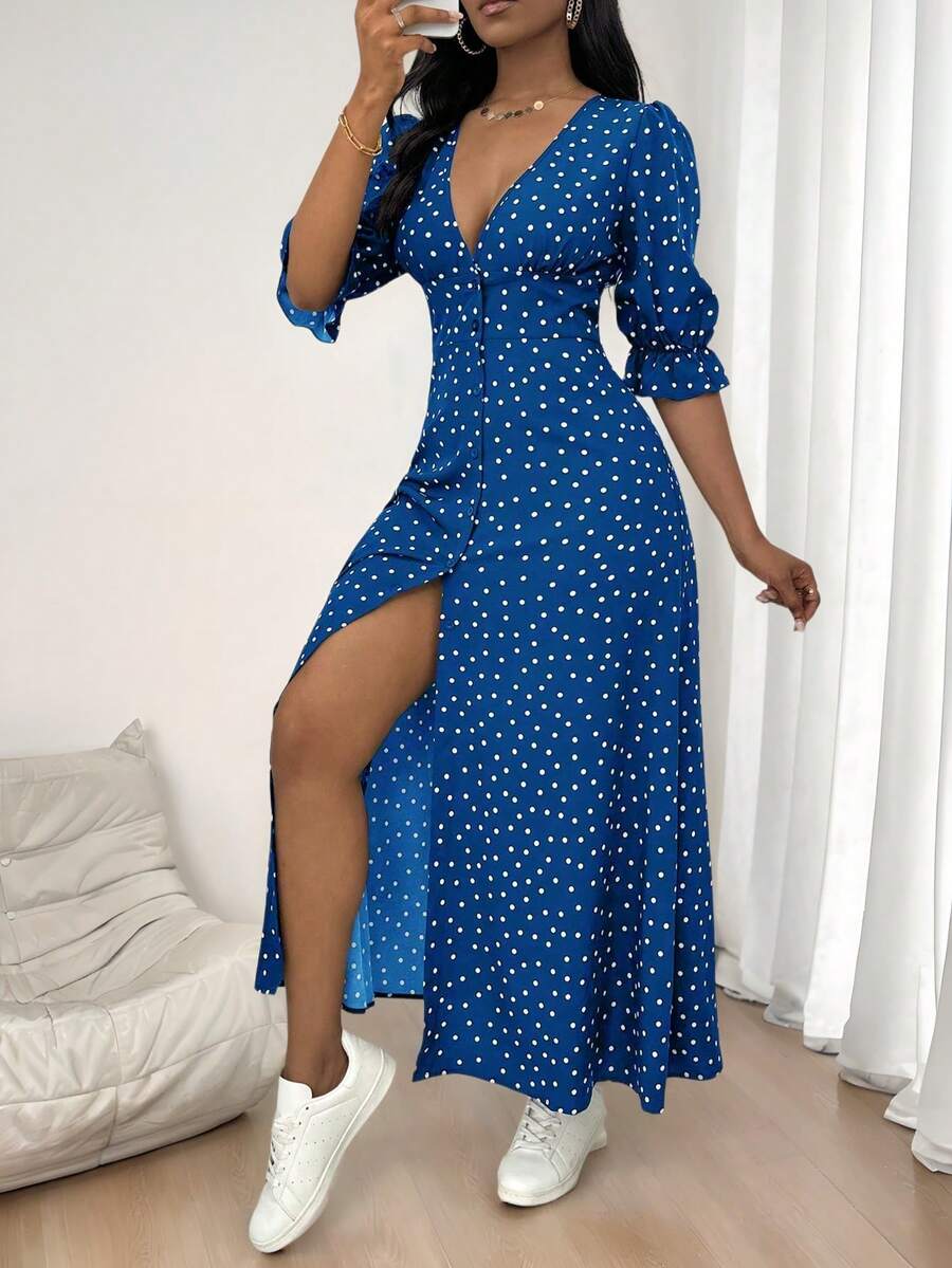Elegante Vintage de la Mujer de puntos impresos con cuello en V Botón de Split Vestidos,Falda larga estampada de media manga - Azul - Ver 1