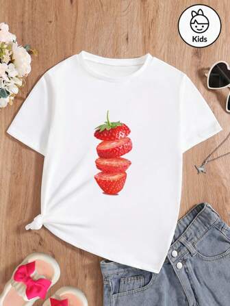 Casual T-shirt met ronde hals en zoete aardbeienprint en korte mouwen, geschikt voor meisjes- en kinderkleding in de zomer. T-shirt met meisjespatroon voor zomertops, kleding voor tienermeisjes.