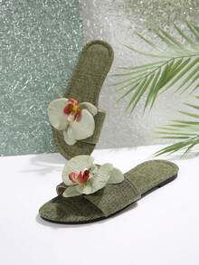 French Floral Strap Slip-On Flat Sandals For Women, New Summer Fashion Casual Outdoor Slide Slippers Suitable For Date, Shopping, Party, Beach Holiday, Home - Army Green - View 6