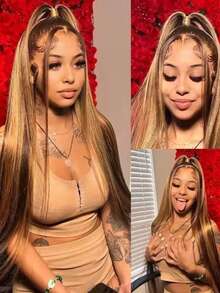 Hidden Strap Water Wave 360 Glueless Wigs Human Hair Pre Plucked Highlight Ombre Straight Honey Blonde Pre Bleached Human Hair Wig With Drawstring Kinky Curly Wet And Wavy Transparent Full Lace Front Wigs Human Hair - SP4/27 - View 3