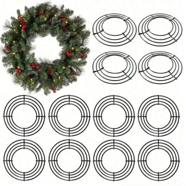 6/12 pièces Cadre de couronne en fil métallique rond, décoration de guirlande de Noël, artisanat de fabrication de couronnes DIY - anneaux en fil rond pour décoration de fête de Noël, du Nouvel An et d'Halloween