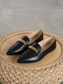 2025 New Arrival Black Loafers For Women, English Style Flat Pointed Toe Slip-On Shoes, Metal Chain Decor, Versatile Casual Thick Sole Thin Penny Loafers - Black - View 2