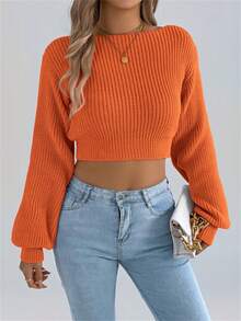 Y2K Backless Bow Tie Sweater Women Cold Shoulder Puff Sleeve Pullover Knot Front Solid Fall Winter Halloween - Orange - View 6