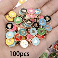 50pcs Assorted Double-Sided Oil Dripping Heart-Shaped Alloy Round Charms, Suitable For Women's Necklace, Earrings, Hair Accessories, Pendant DIY, Heart-Shaped Jewelry, Couples Pendant, Gift For Friends Holiday - Multicolor - View 14