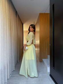 Women's Chiffon Dress With V-Neck, Lining, Rings And Lace-Up Back - Butter Yellow - View 2