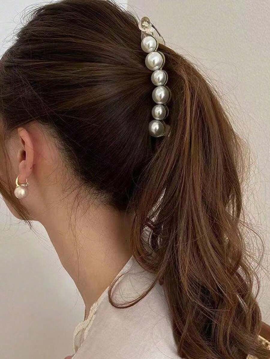 Faux Pearl And Fish Tail Banana Hair Clips, Oversized Hair Claw Hair Clips With Faux Pearls, For Ponytail Hairstyles, Hair Claws, Hair Slide, Hair Barrettes, School Stuff, Pearl Hair Accessories, Head Accessories - Multicolor - View 1