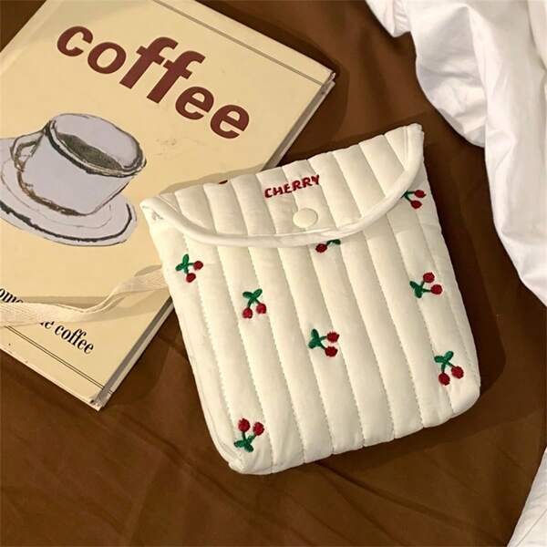 Cute Cherry Pattern Mini Storage Bag - Portable Sanitary Pad/Cosmetic Pouch, Soft Fabric Travel Organizer Bag, White With Red & Green Accents, Decorative Zipper Pull