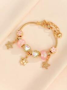 1件极简时尚水钻镂空心形、三叶草、粉色花朵、蜜蜂吊坠手链，适合青少年日常佩戴的时尚饰品