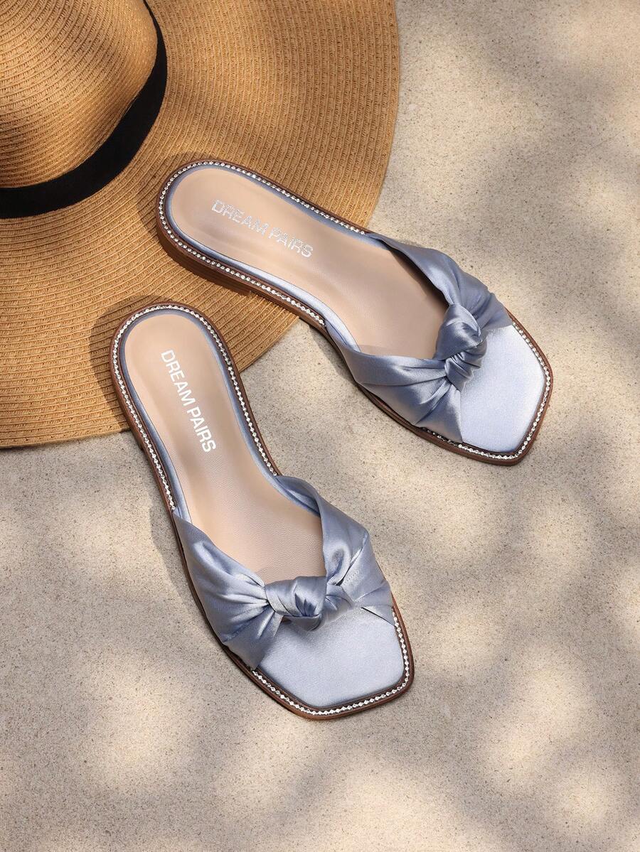 Women Slides Sandals Summer Satin Rhinestone Bow-Knot Flat Sandals Vacation Holiday Elegant Slip-On Slippers - Màu xanh lam - Xem 1