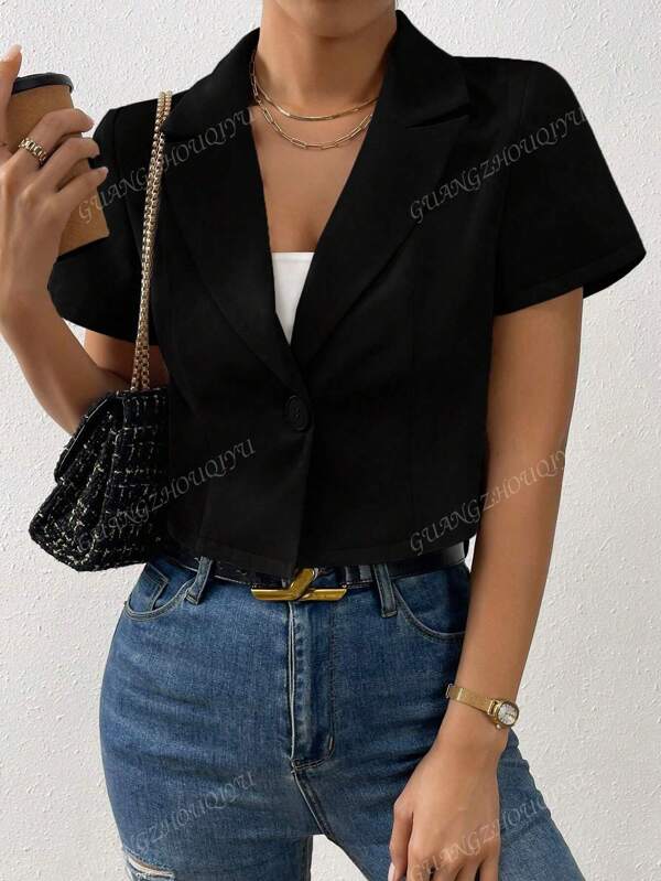 2025 European & American Women's Summer Blazer Jacket, Fashionable Solid Color Minimalist Versatile Professional Commute Elegant Short Sleeve Stand Collar Suit Short Single Button Blouse For Casual Daily Wear