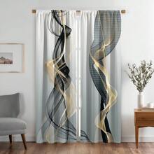 2pcs Of Black And Golden Smoke Pattern Curtains Abstract Geometric Flow Art Line Design Curtains 3D Solid Printing Sunshade Curtains Living Room, Bedroom, Study Balcony, Office Window Decoration Minimalist Style Decoration Creates A Stylish Atmosphere