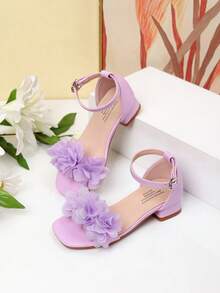 Summer Square Toe Square Heel Floral Decor Sandals, Girls High Heel Dance Shoes, Student Performance & Daily Activity Sandals - Purple - View 8