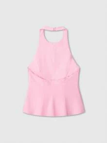 Top corto con cuello de halter y espalda descubierta, color amarillo mantequilla, para verano - Rosa - Ver 2