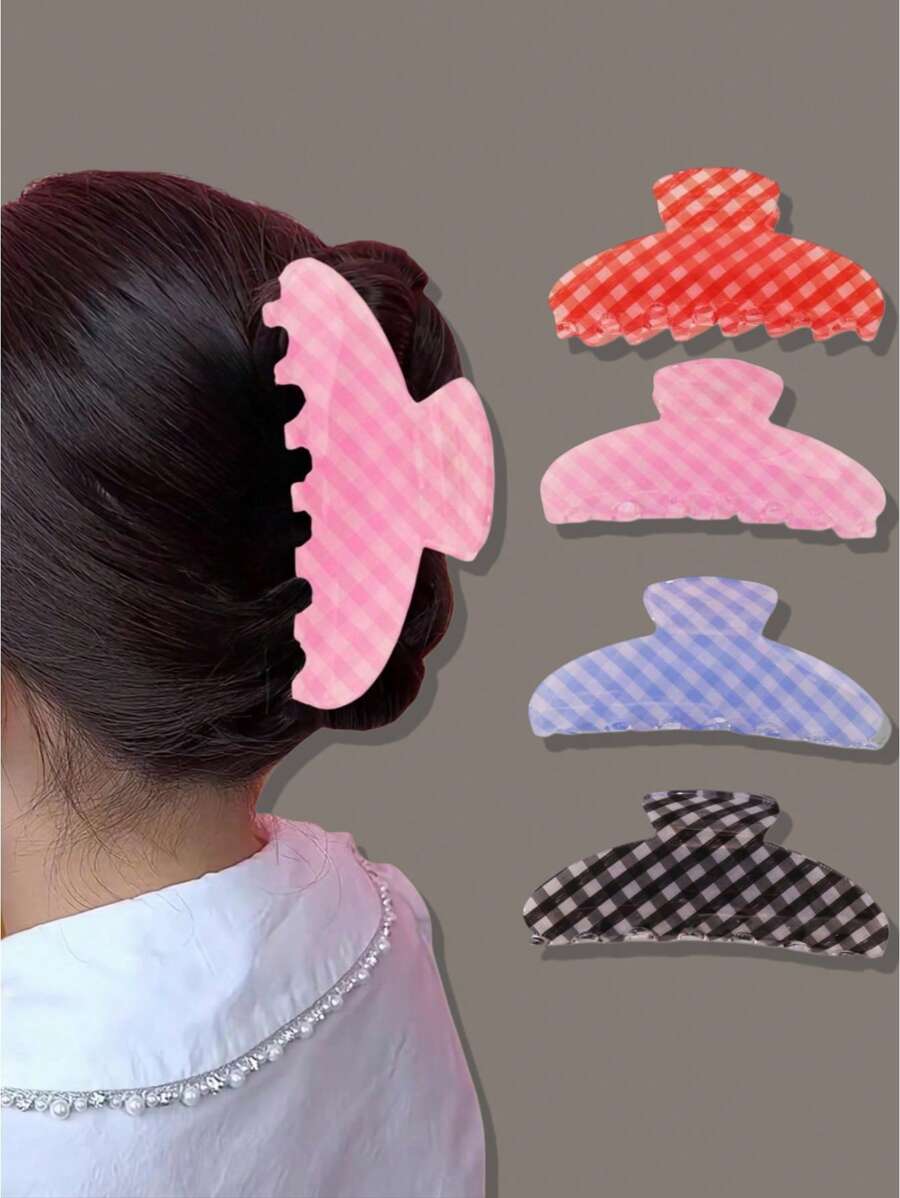 1 件儿童可爱简约格子按扣发夹，时尚发饰 - 彩色 - 查看 1